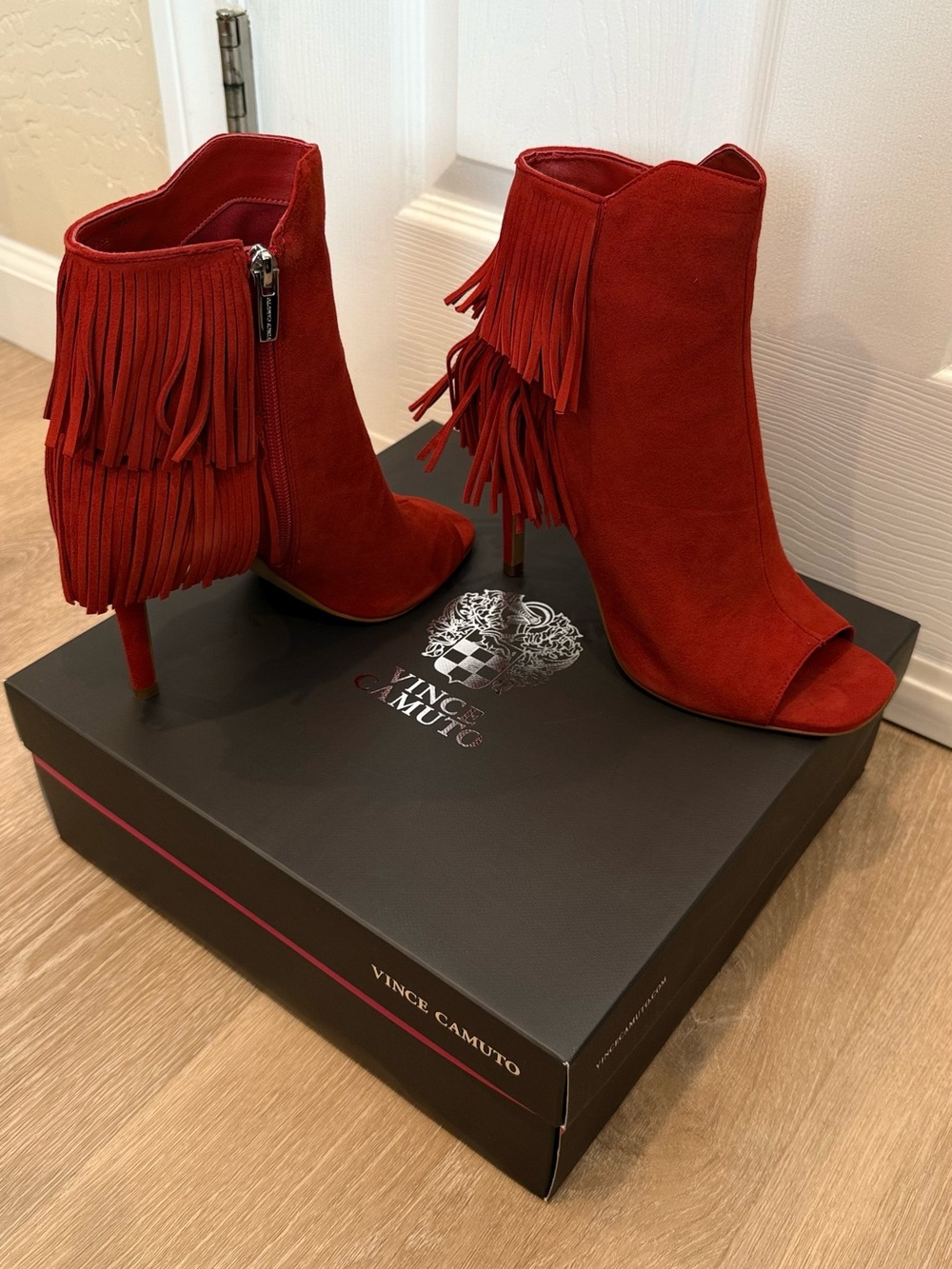 Vince Camuto Red Suede Fringe Peep-Toe Stiletto Booties